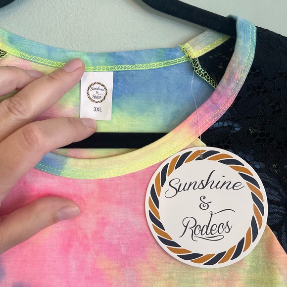 SUNSHINE & RODEO Shirt Womens 3XL Plus Tie Dye Cheetah Floral Lace Pink Blue NWT - Picture 3 of 7